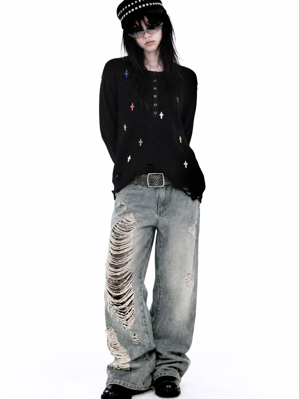 APRIORITY Cross Pendant Henley Button Front Wool Blend Women's Crew Neck Sweaters