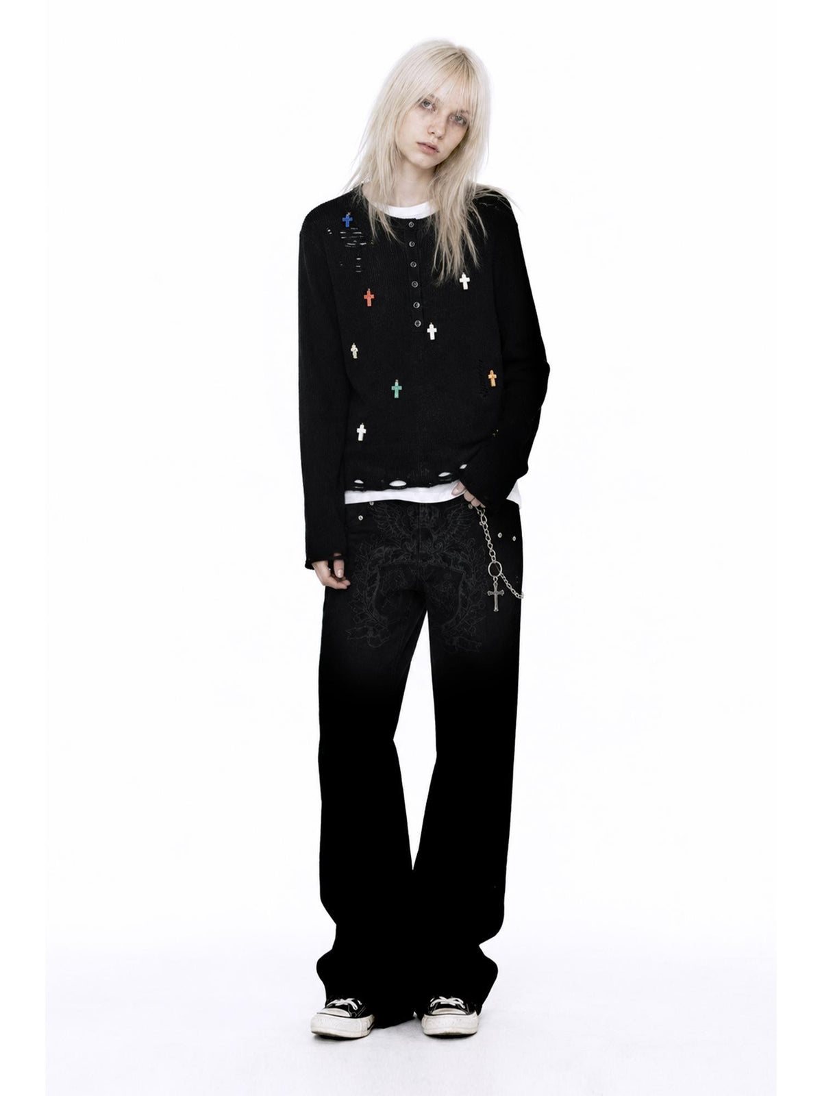 APRIORITY Cross Pendant Henley Button Front Wool Blend Women's Crew Neck Sweaters