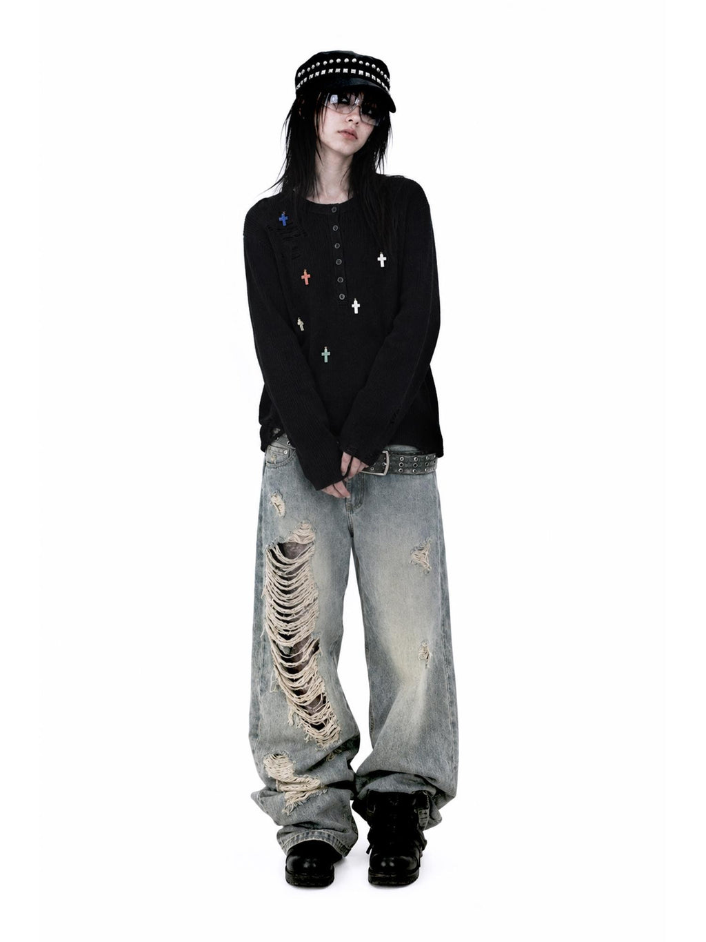 APRIORITY Cross Pendant Henley Button Front Wool Blend Women's Crew Neck Sweaters