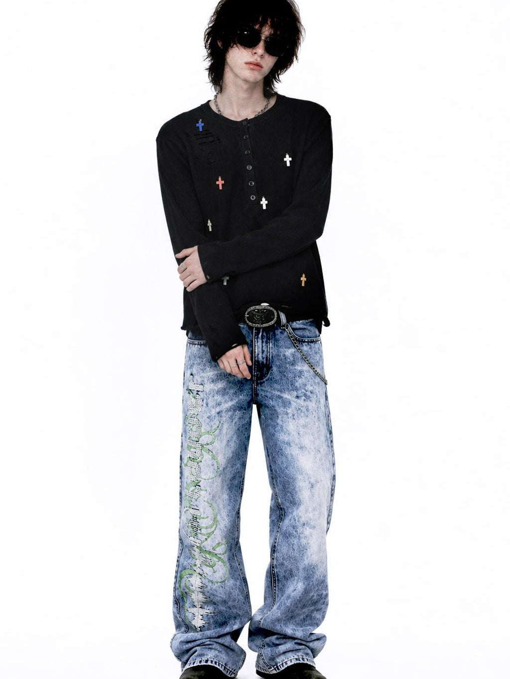 APRIORITY Cross Pendant Henley Button Front Wool Blend Women's Crew Neck Sweaters