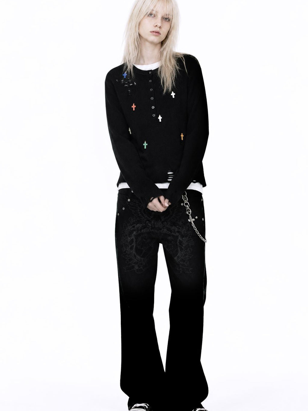APRIORITY Cross Pendant Henley Button Front Wool Blend Women's Crew Neck Sweaters