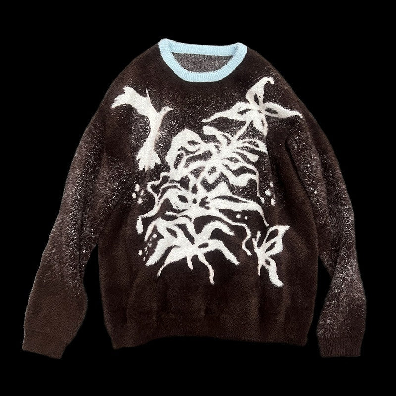 APRIORITY_Dark_Brown_Floral_Bird_Loose_Silhouette_Women's_Nylon_Sweaters_820632576764_MISSTT
