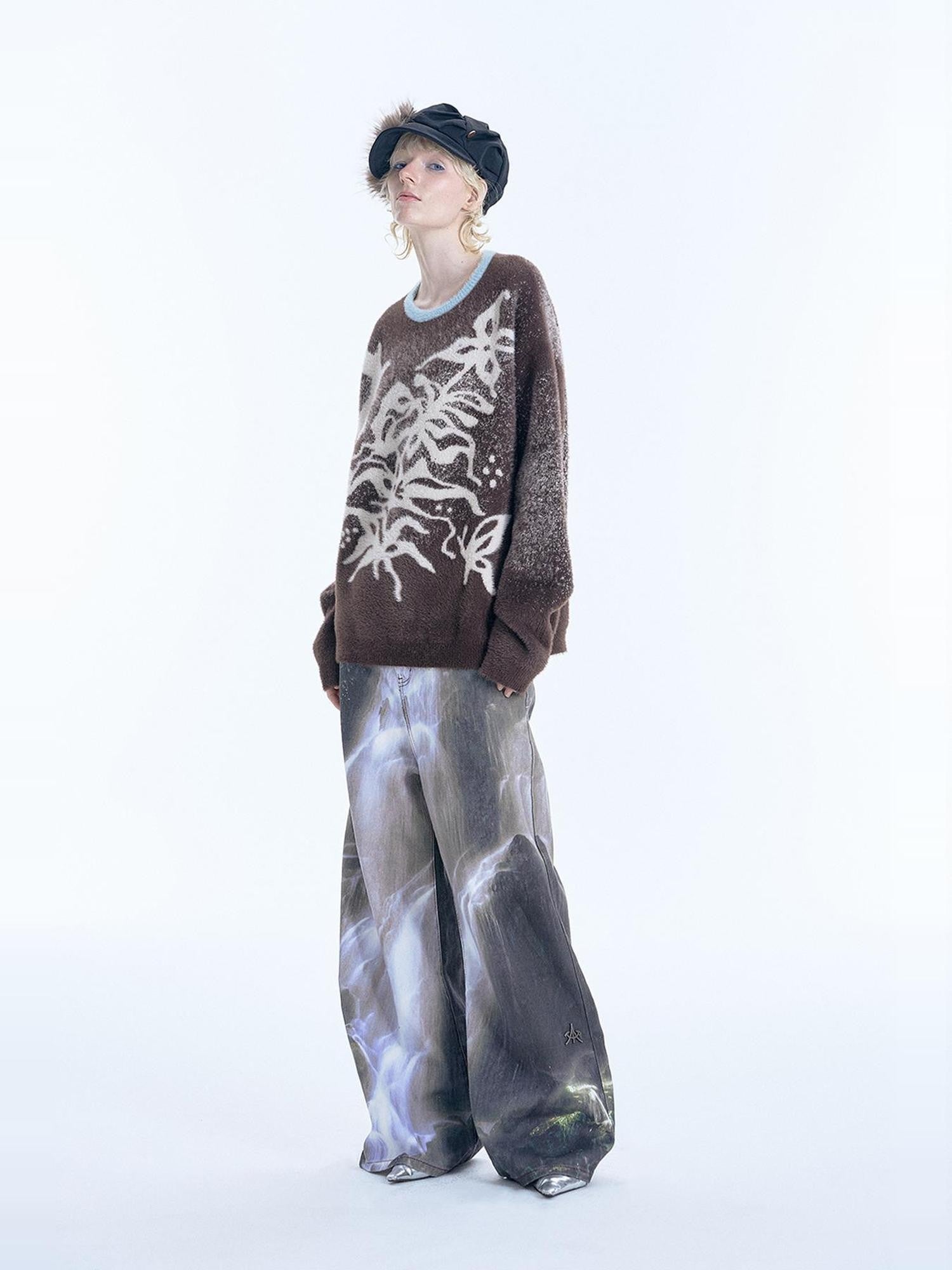 APRIORITY Dark Brown Floral Bird Loose Silhouette Women's Nylon Sweaters