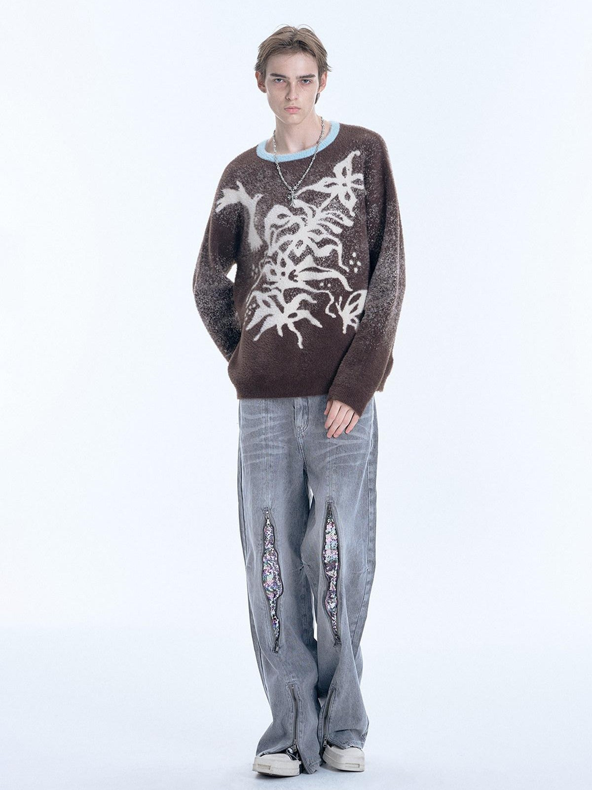 APRIORITY Dark Brown Floral Bird Loose Silhouette Women's Nylon Sweaters