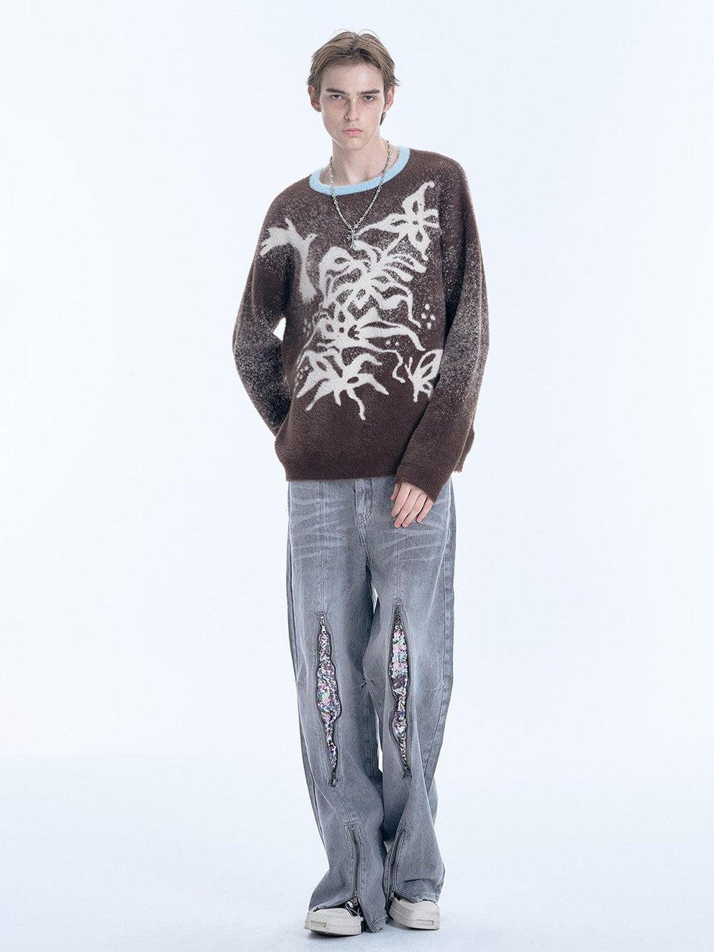 APRIORITY Dark Brown Floral Bird Loose Silhouette Women's Nylon Sweaters