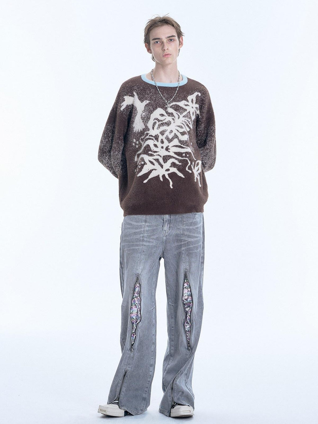 APRIORITY Dark Brown Floral Bird Loose Silhouette Women's Nylon Sweaters