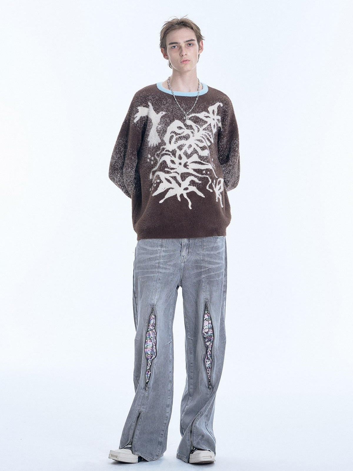 APRIORITY Dark Brown Floral Bird Loose Silhouette Women's Nylon Sweaters
