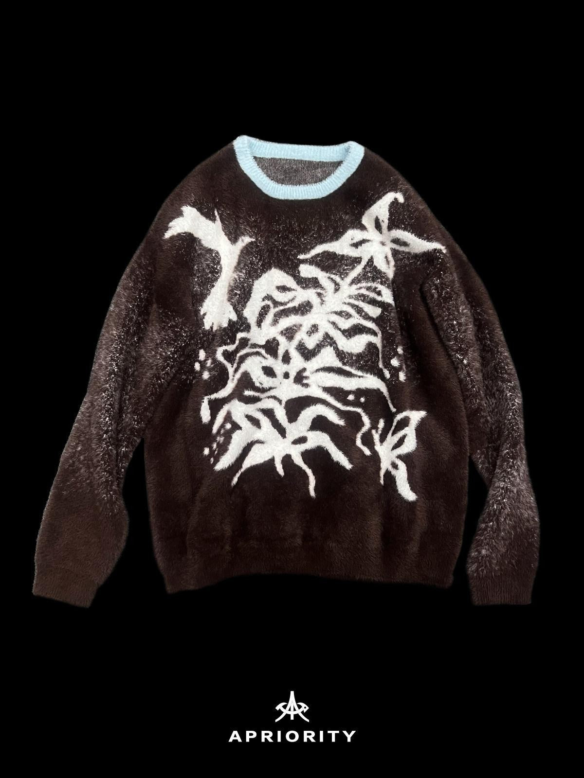 APRIORITY Dark Brown Floral Bird Loose Silhouette Women's Nylon Sweaters