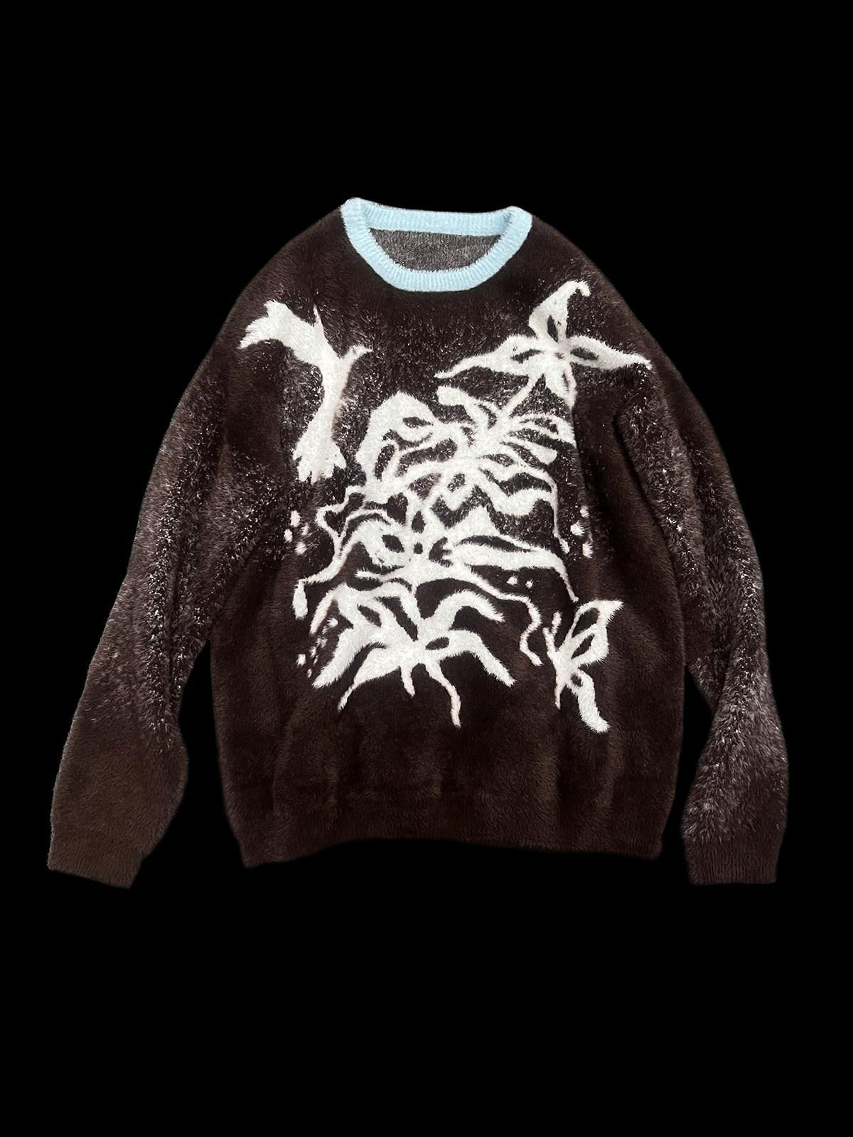 APRIORITY Dark Brown Floral Bird Loose Silhouette Women's Nylon Sweaters
