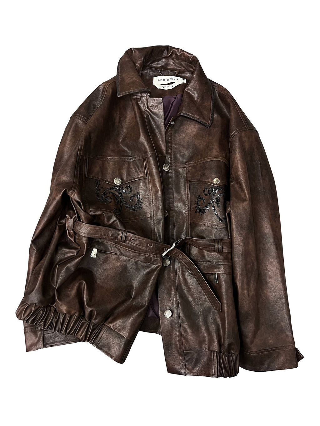 APRIORITY_Dark_Brown_Sequin_Embroidered_Belted_Midlength_Women's_Faux_Leather_Jackets_846885265954_MISSTT