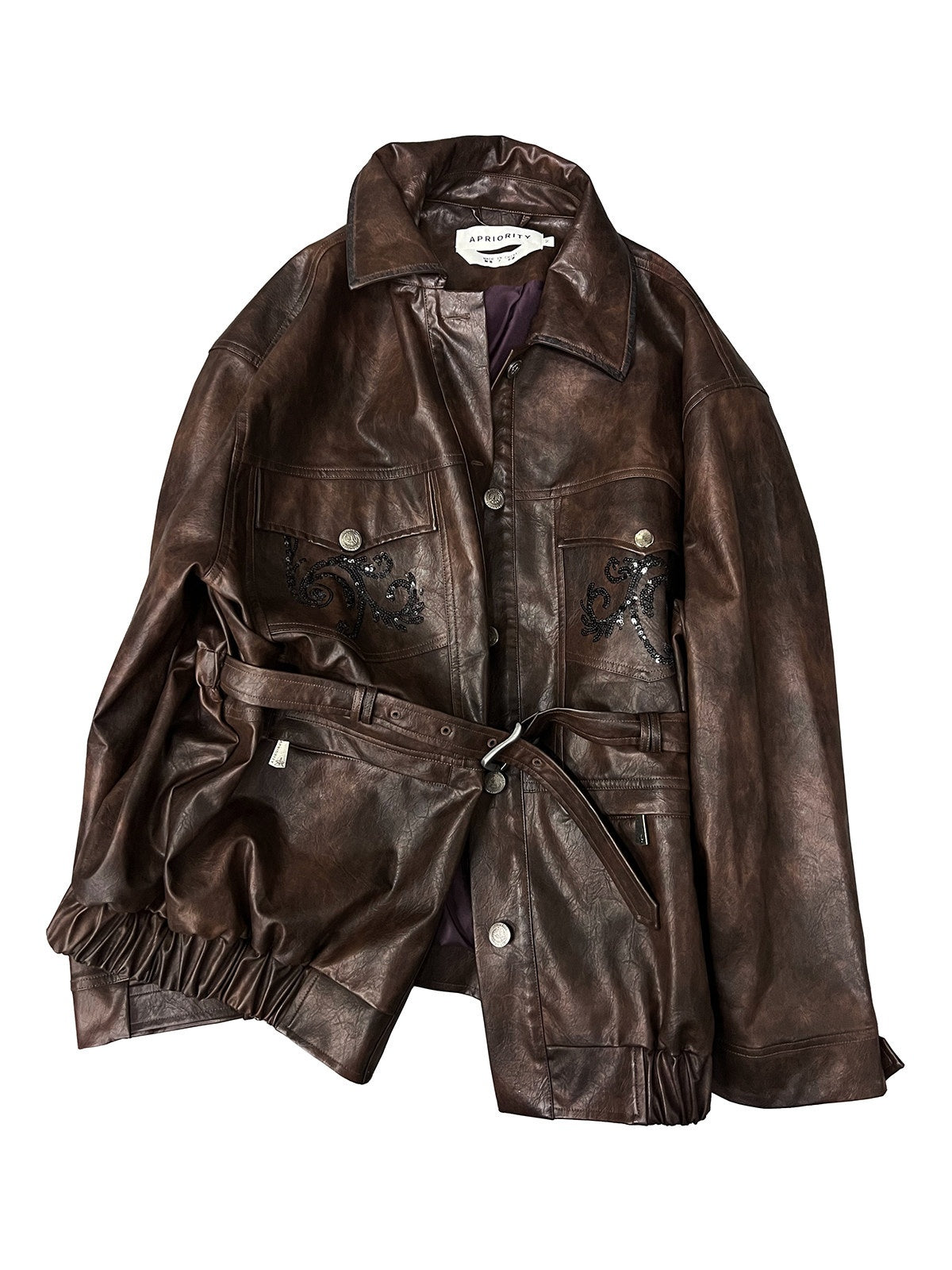 APRIORITY_Dark_Brown_Sequin_Embroidered_Belted_Midlength_Women's_Faux_Leather_Jackets_846885265954_MISSTT