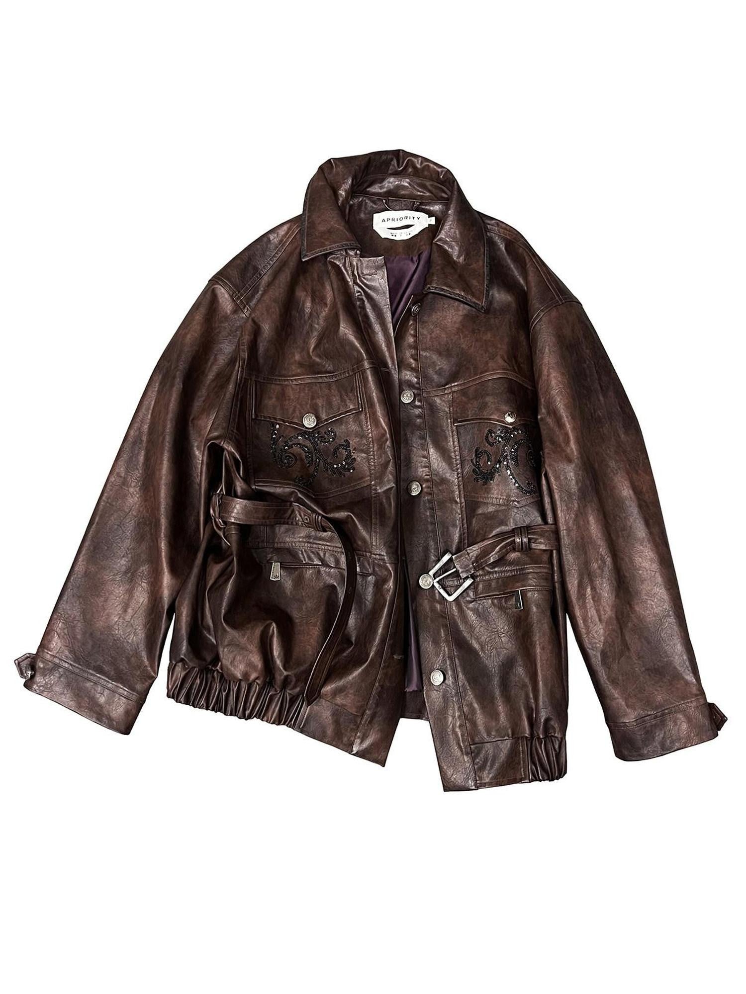 APRIORITY Dark Brown Sequin Embroidered Belted Midlength Women's Faux Leather Jackets