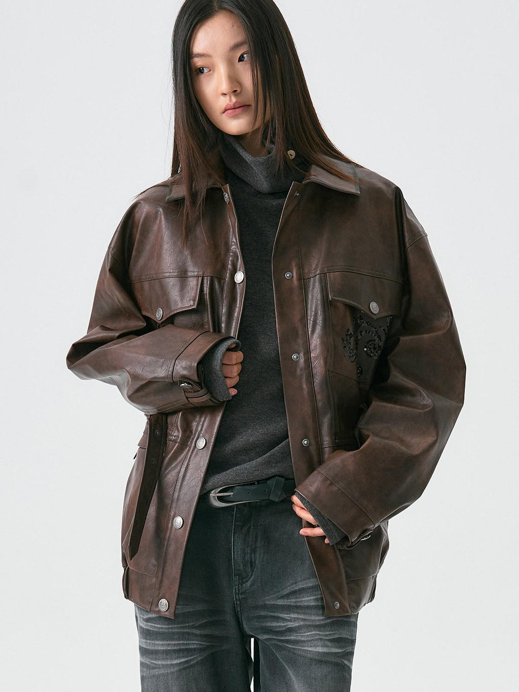 APRIORITY Dark Brown Sequin Embroidered Belted Midlength Women's Faux Leather Jackets
