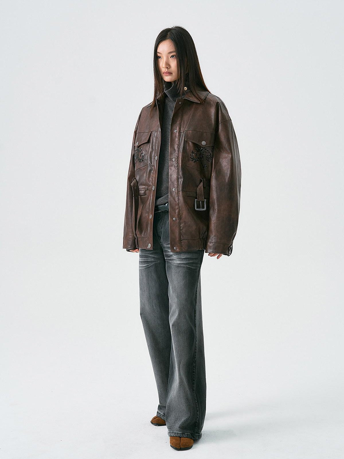 APRIORITY Dark Brown Sequin Embroidered Belted Midlength Women's Faux Leather Jackets