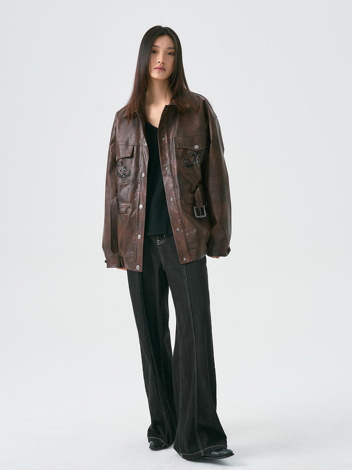 APRIORITY Dark Brown Sequin Embroidered Belted Midlength Women's Faux Leather Jackets