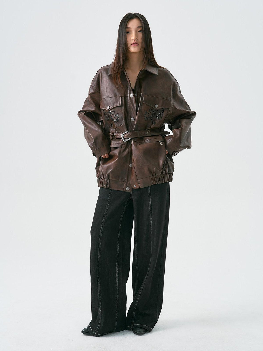 APRIORITY Dark Brown Sequin Embroidered Belted Midlength Women's Faux Leather Jackets
