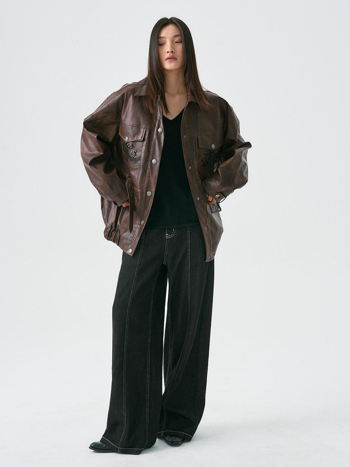 APRIORITY Dark Brown Sequin Embroidered Belted Midlength Women's Faux Leather Jackets