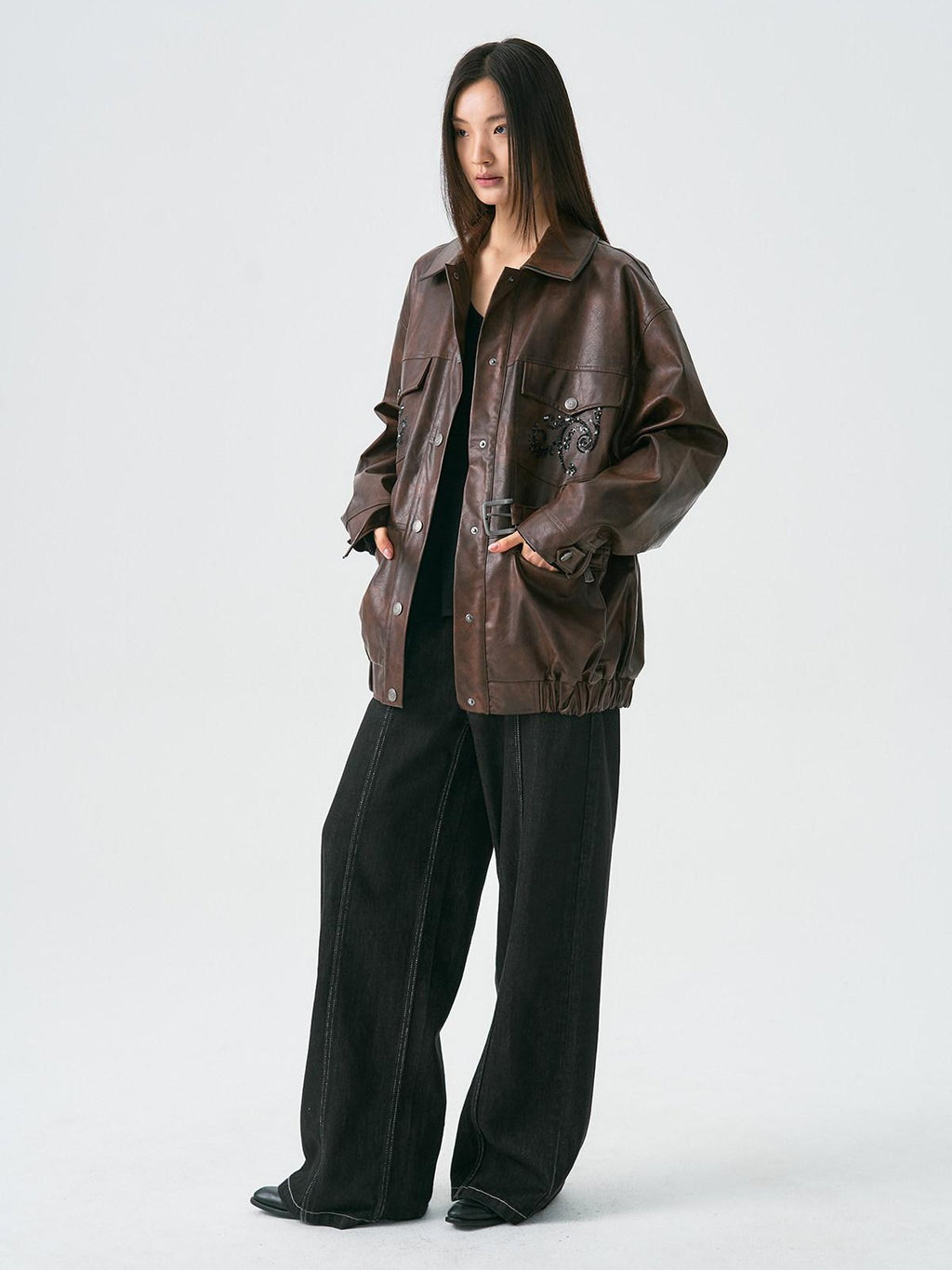 APRIORITY Dark Brown Sequin Embroidered Belted Midlength Women's Faux Leather Jackets