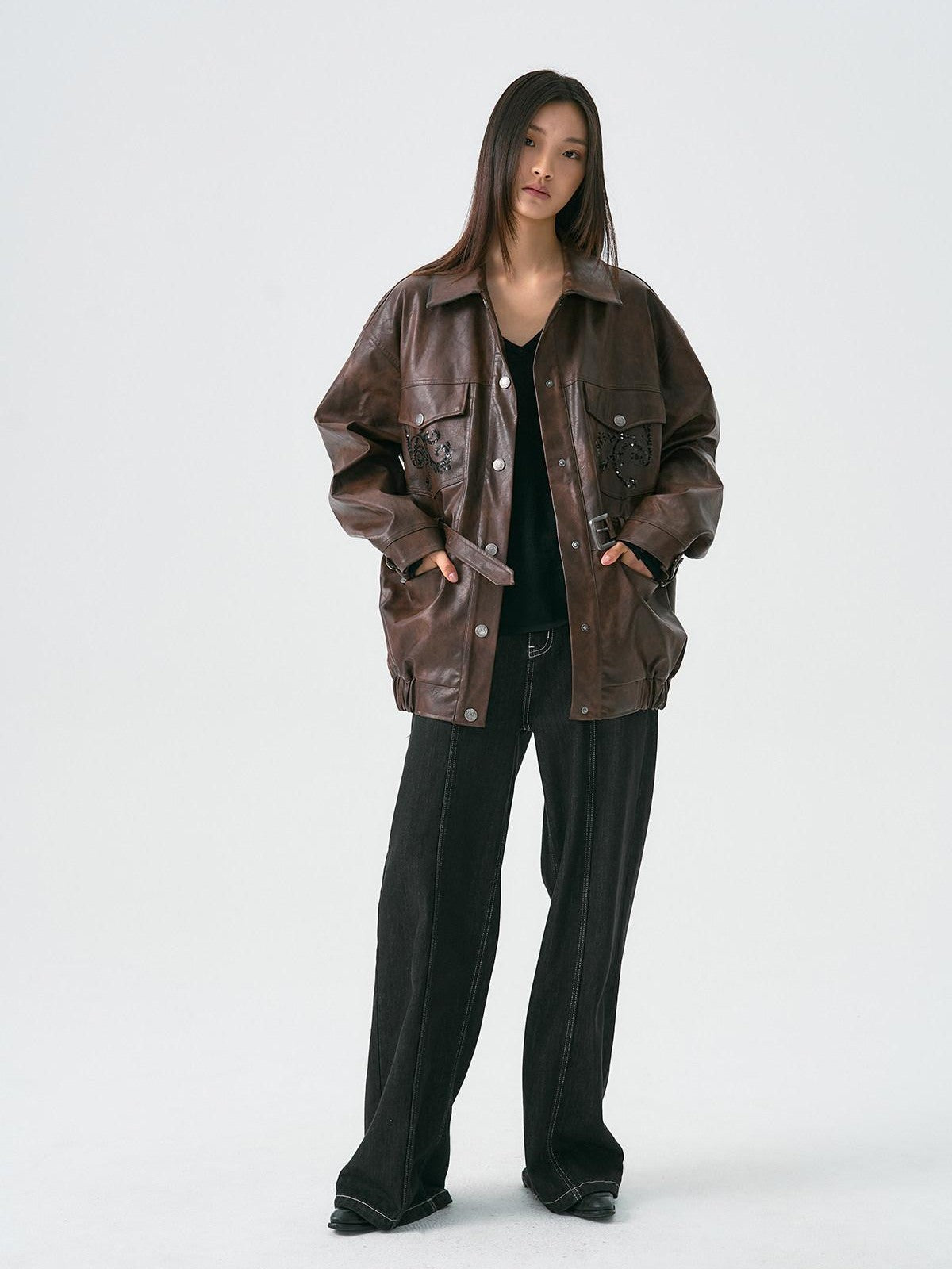 APRIORITY Dark Brown Sequin Embroidered Belted Midlength Women's Faux Leather Jackets