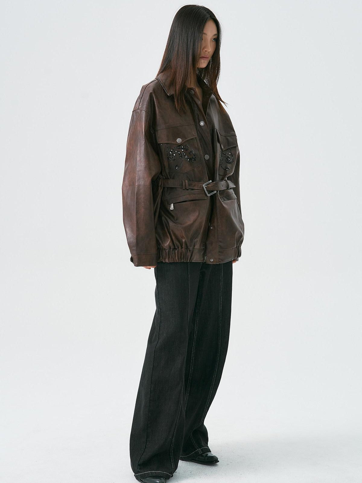 APRIORITY Dark Brown Sequin Embroidered Belted Midlength Women's Faux Leather Jackets