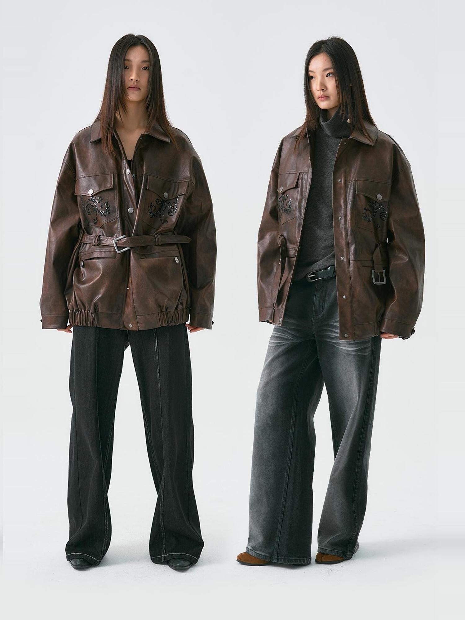 APRIORITY Dark Brown Sequin Embroidered Belted Midlength Women's Faux Leather Jackets