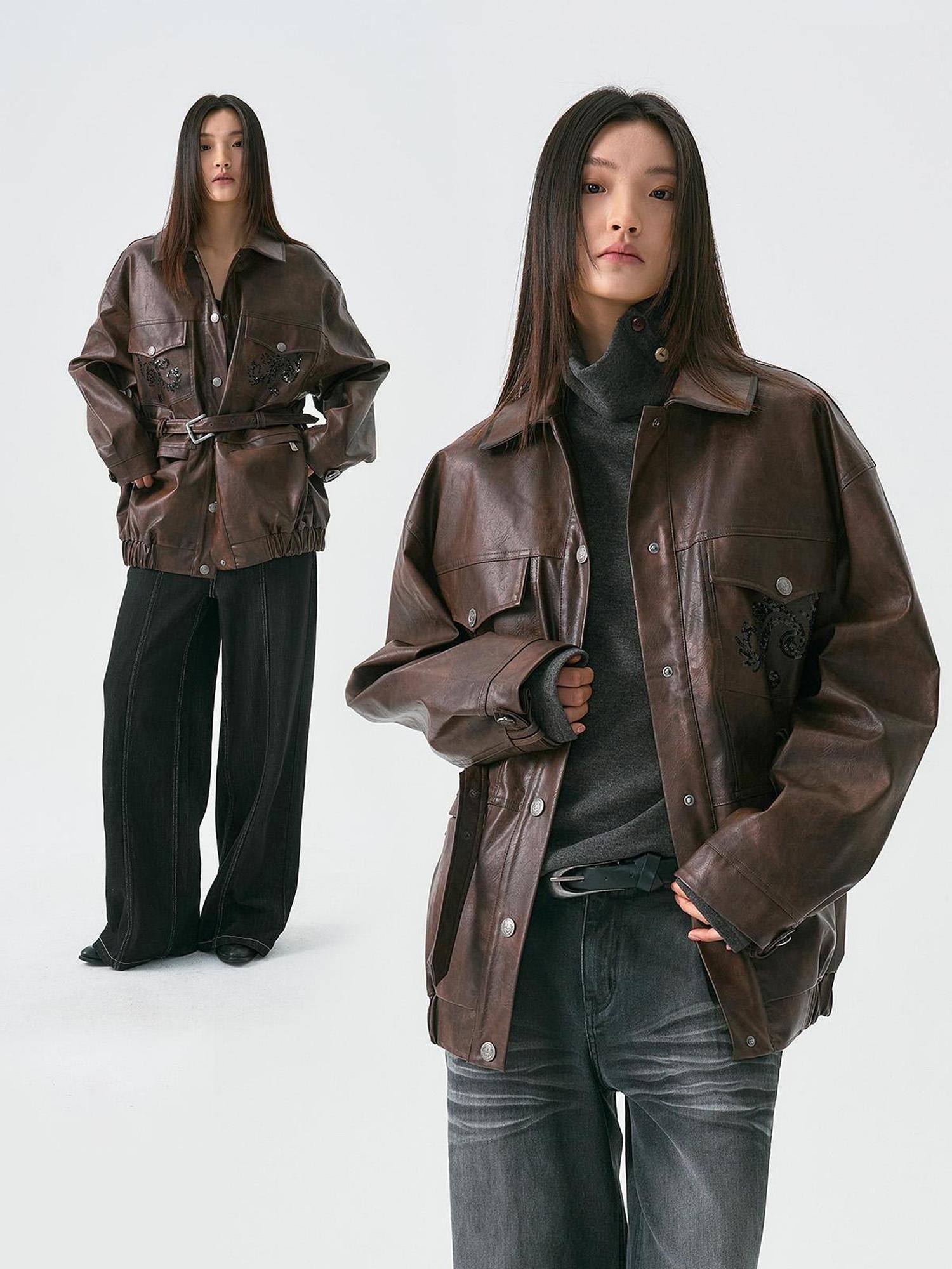 APRIORITY Dark Brown Sequin Embroidered Belted Midlength Women's Faux Leather Jackets