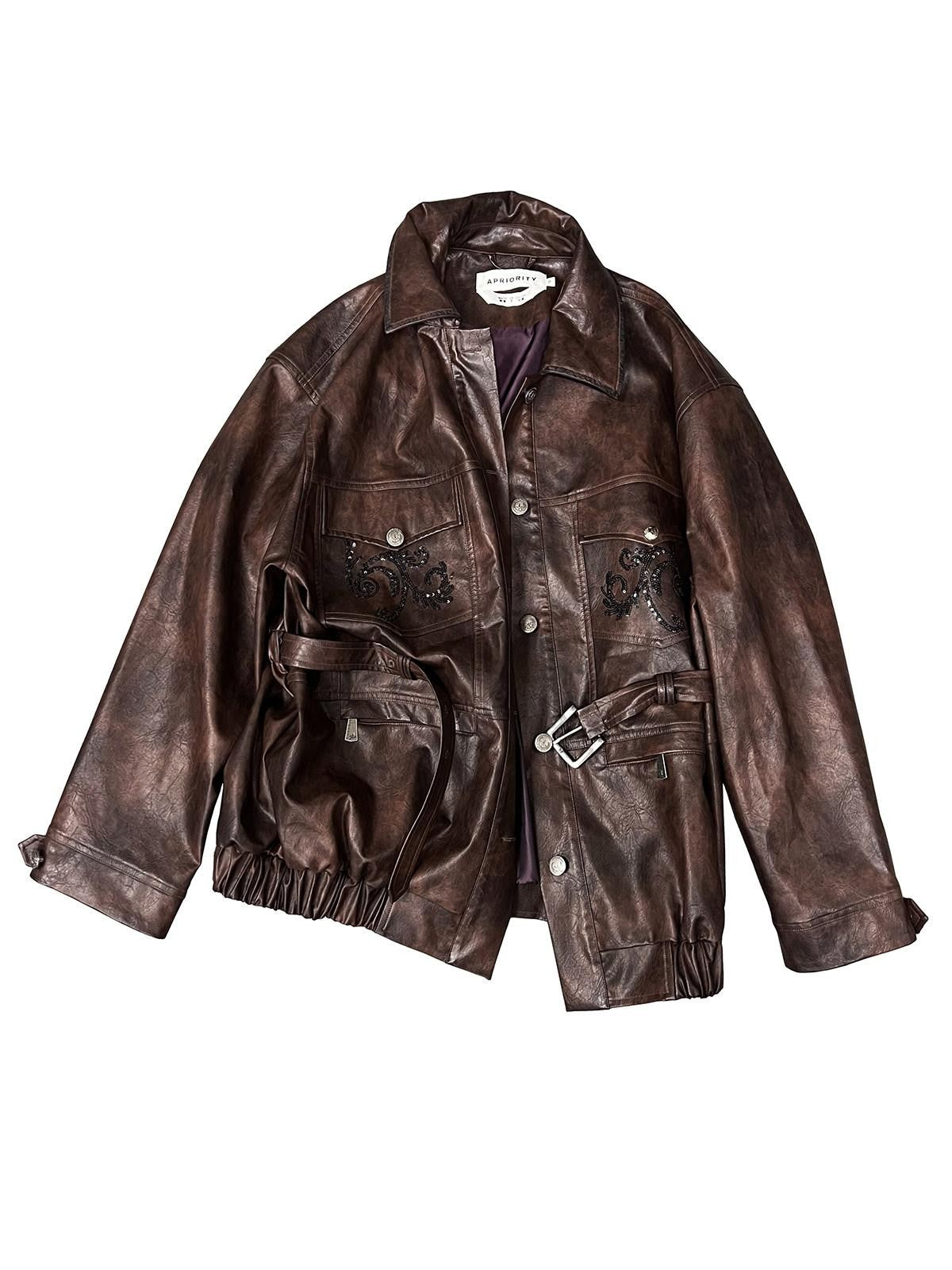 APRIORITY Dark Brown Sequin Embroidered Belted Midlength Women's Faux Leather Jackets