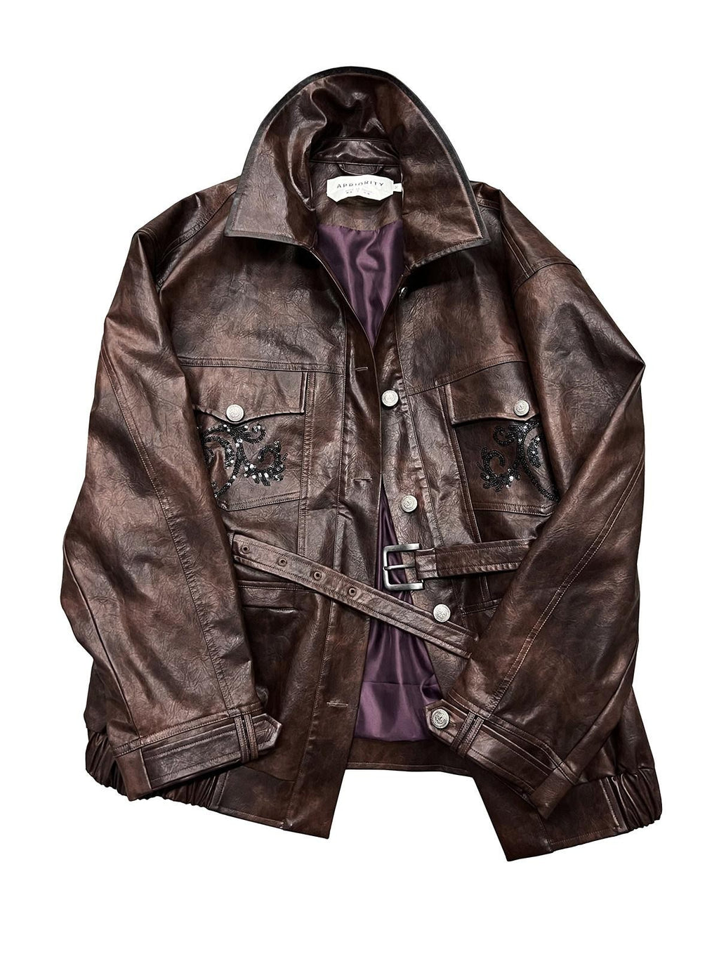 APRIORITY Dark Brown Sequin Embroidered Belted Midlength Women's Faux Leather Jackets