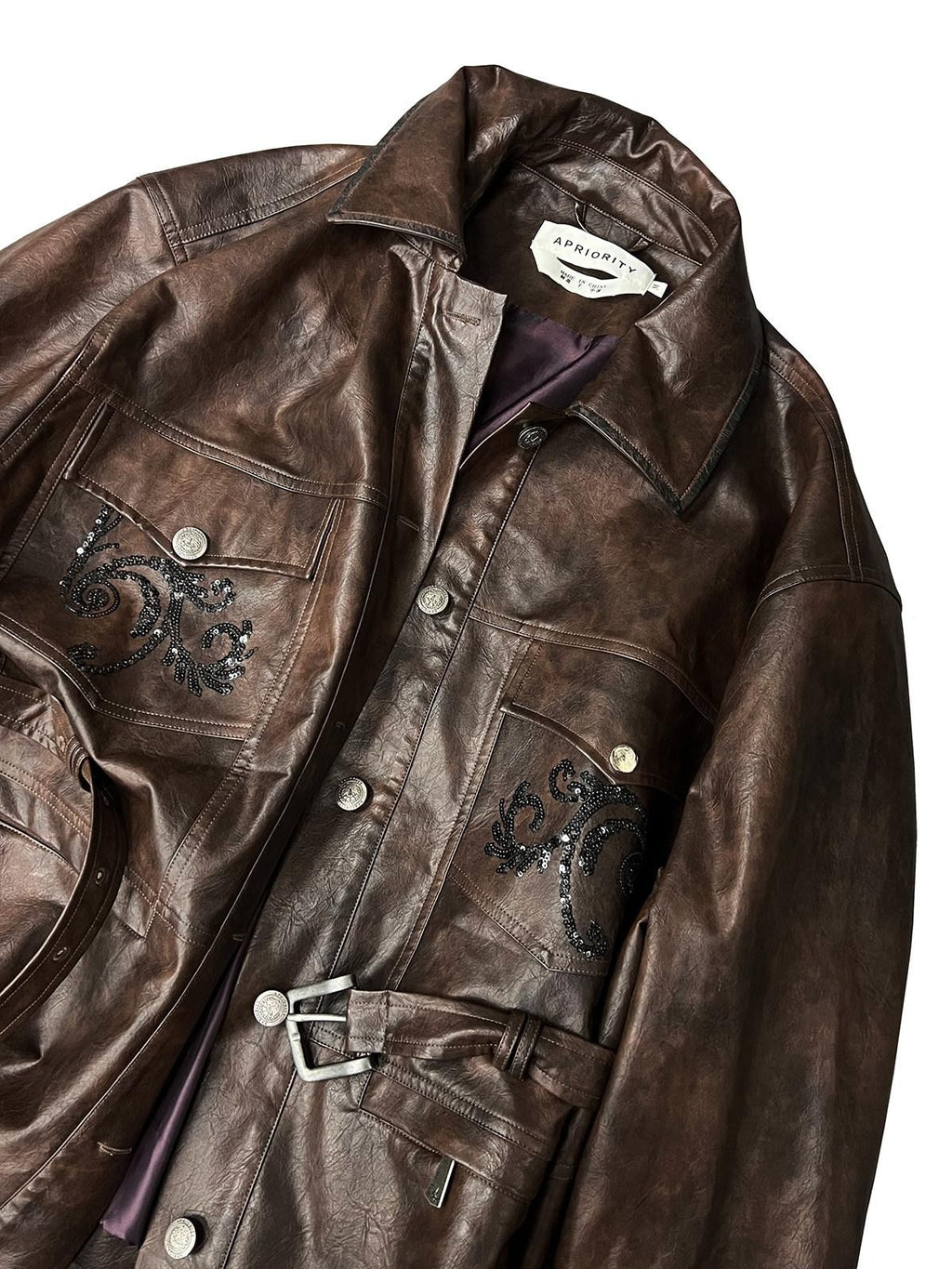 APRIORITY Dark Brown Sequin Embroidered Belted Midlength Women's Faux Leather Jackets