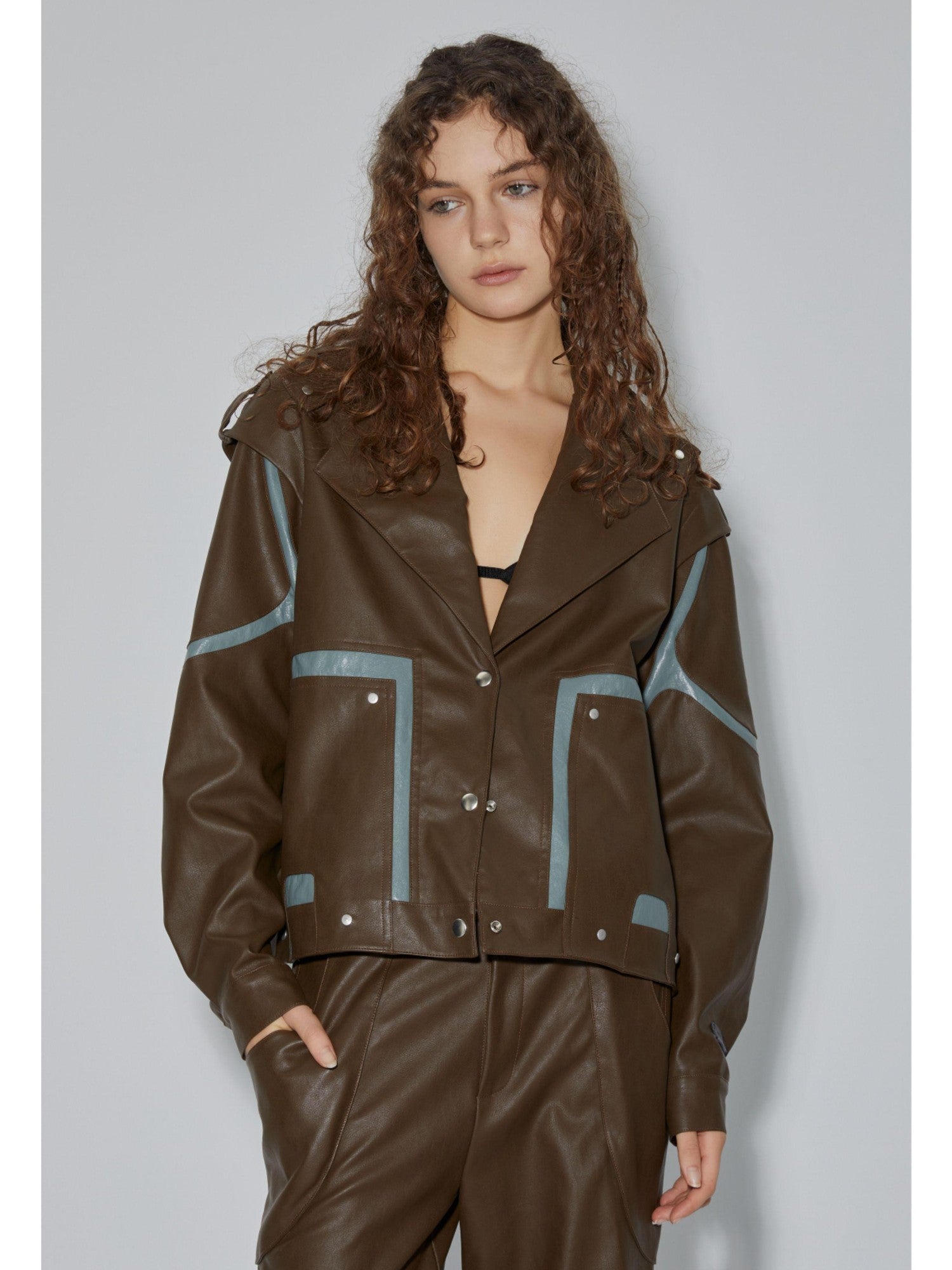 APRIORITY Dark Brown Special Cut Lapel Loose Fit Street Women's Pu Leather Jackets