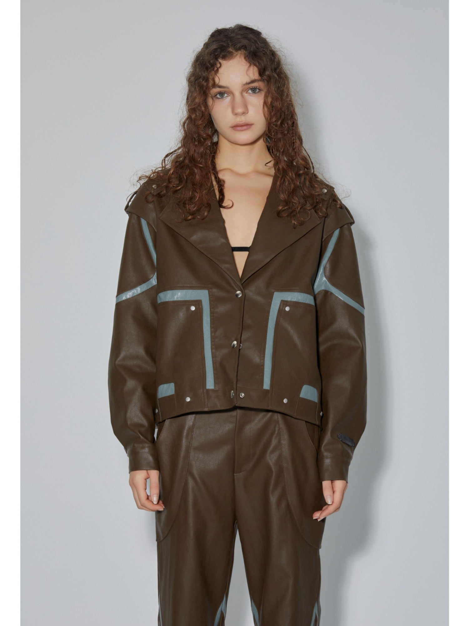APRIORITY Dark Brown Special Cut Lapel Loose Fit Street Women's Pu Leather Jackets