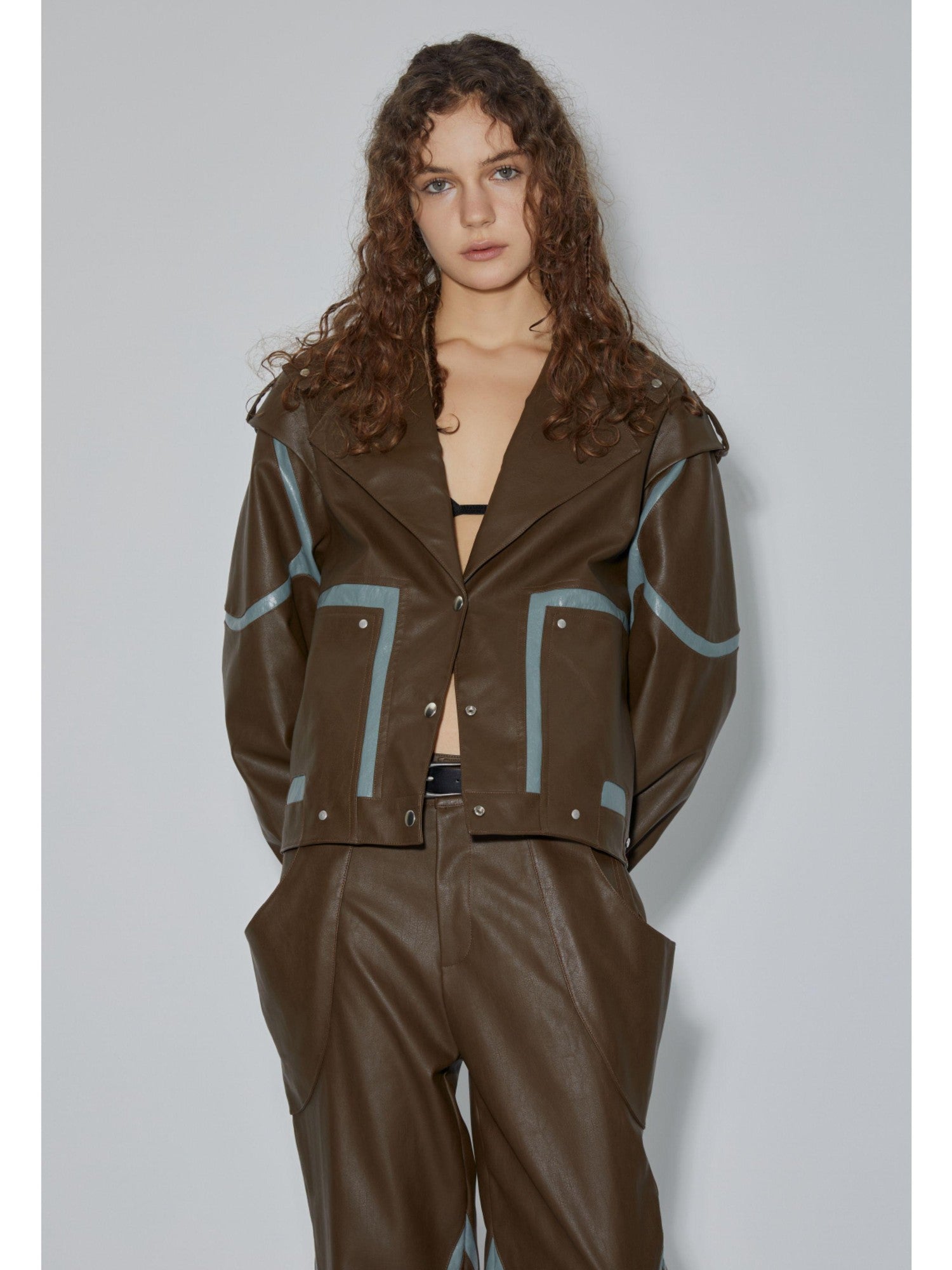 APRIORITY Dark Brown Special Cut Lapel Loose Fit Street Women's Pu Leather Jackets
