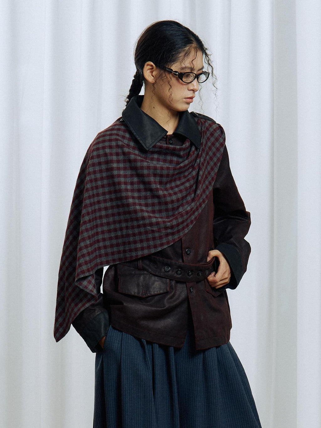 APRIORITY Dark Red Detachable Edge Plaid Cape Enzyme Washed Belt Women's Leather Jackets