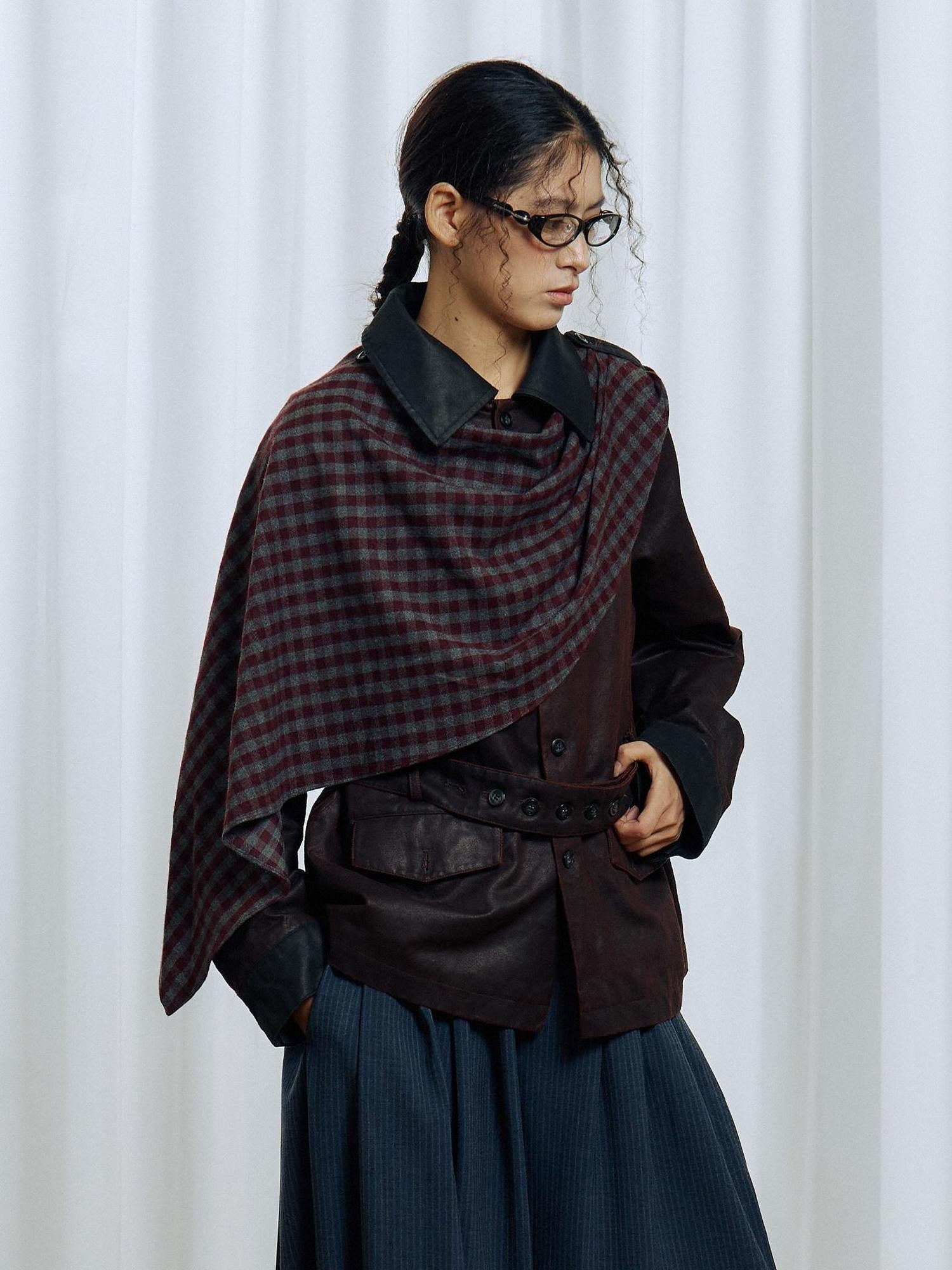 APRIORITY Dark Red Detachable Edge Plaid Cape Enzyme Washed Belt Women's Leather Jackets