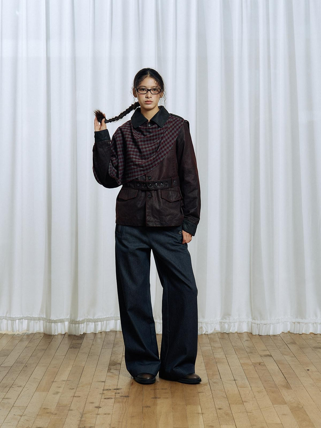 APRIORITY Dark Red Detachable Edge Plaid Cape Enzyme Washed Belt Women's Leather Jackets
