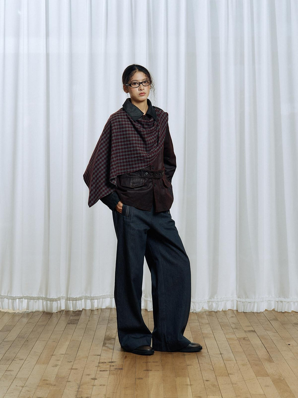 APRIORITY Dark Red Detachable Edge Plaid Cape Enzyme Washed Belt Women's Leather Jackets