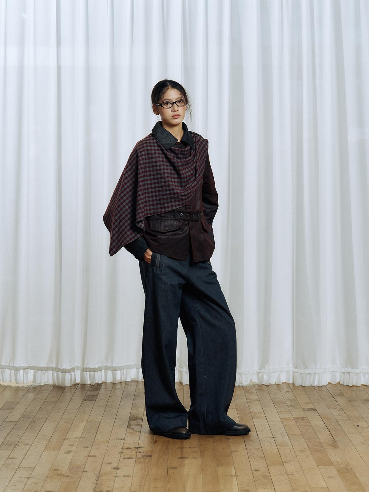 APRIORITY Dark Red Detachable Edge Plaid Cape Enzyme Washed Belt Women's Leather Jackets