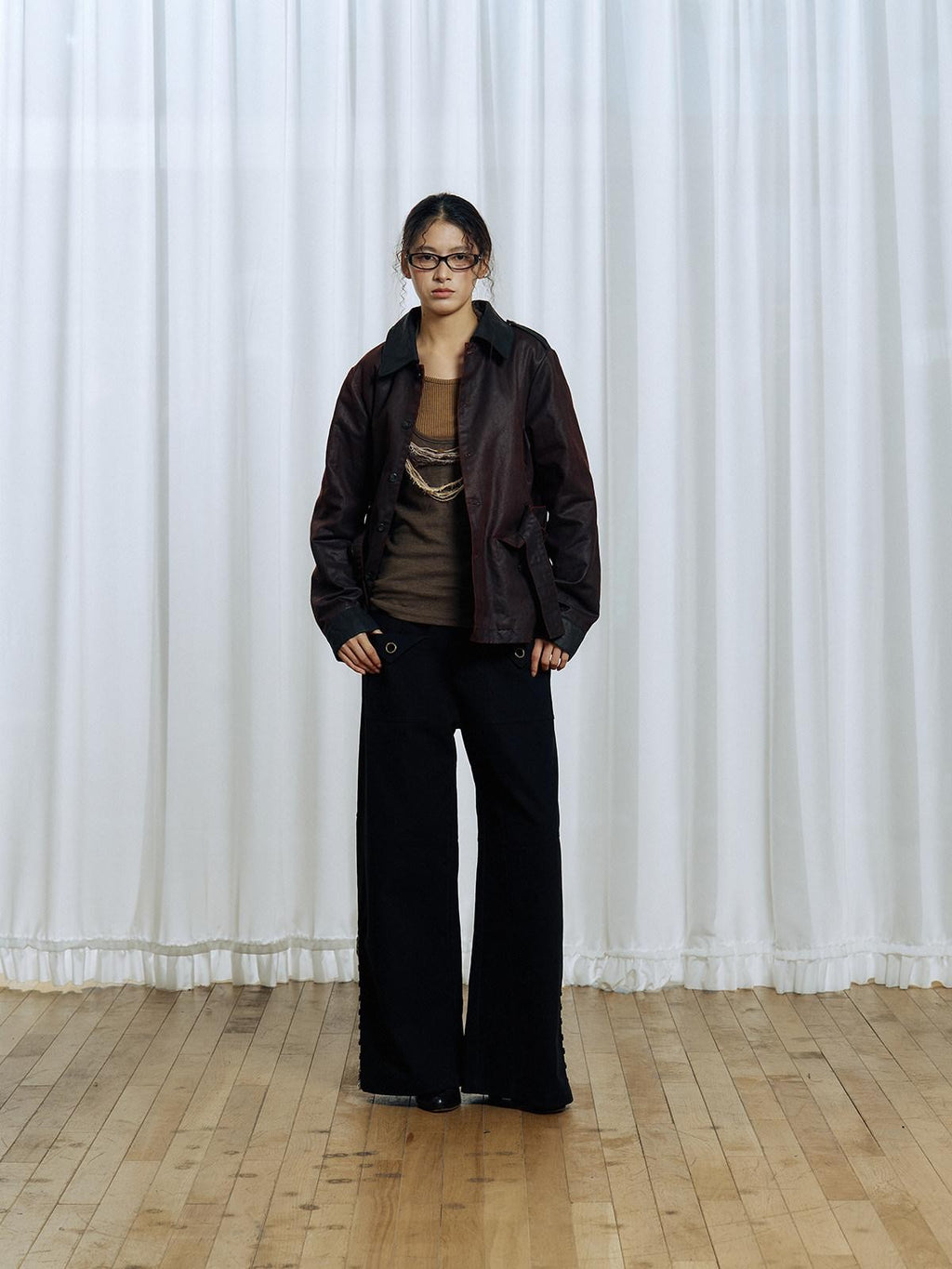 APRIORITY Dark Red Detachable Edge Plaid Cape Enzyme Washed Belt Women's Leather Jackets