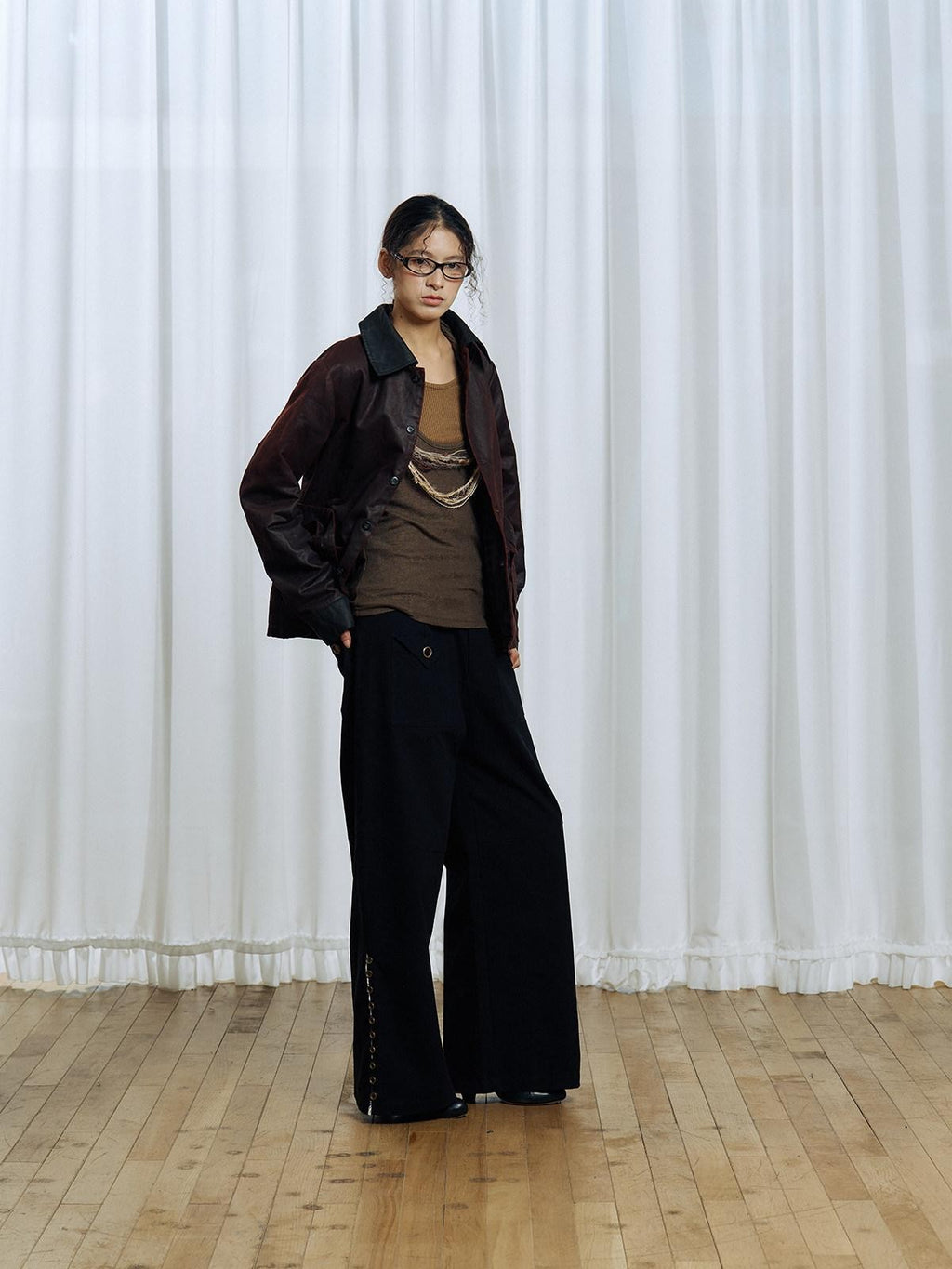 APRIORITY Dark Red Detachable Edge Plaid Cape Enzyme Washed Belt Women's Leather Jackets