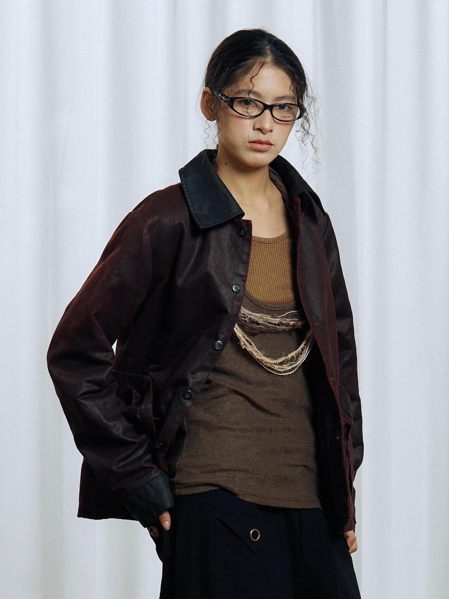 APRIORITY Dark Red Detachable Edge Plaid Cape Enzyme Washed Belt Women's Leather Jackets