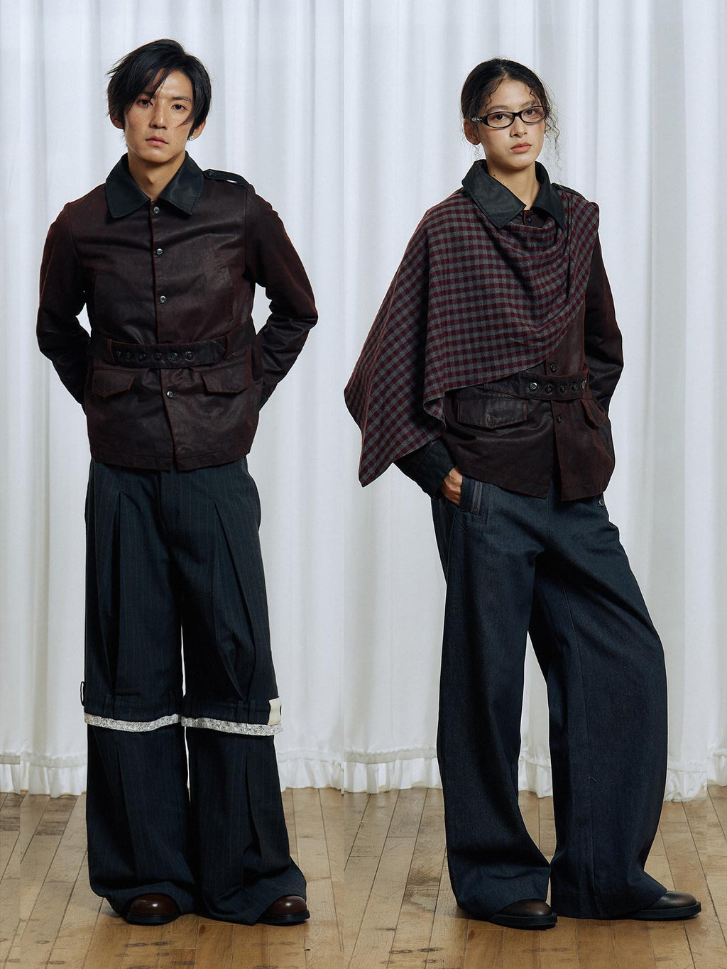 APRIORITY Dark Red Detachable Edge Plaid Cape Enzyme Washed Belt Women's Leather Jackets