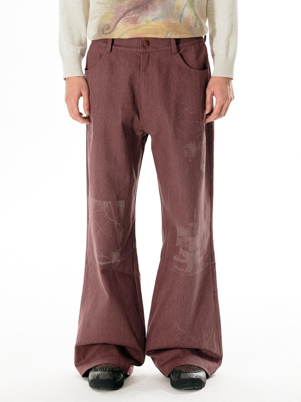 APRIORITY Dark Red Laser Burnout Floral Distressed Women's Cotton Wide-leg Pants