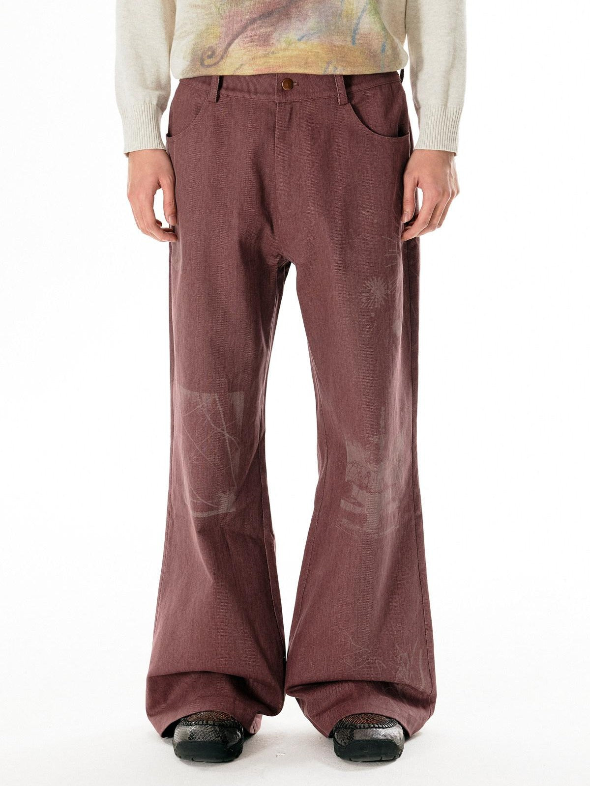 APRIORITY Dark Red Laser Burnout Floral Distressed Women's Cotton Wide-leg Pants