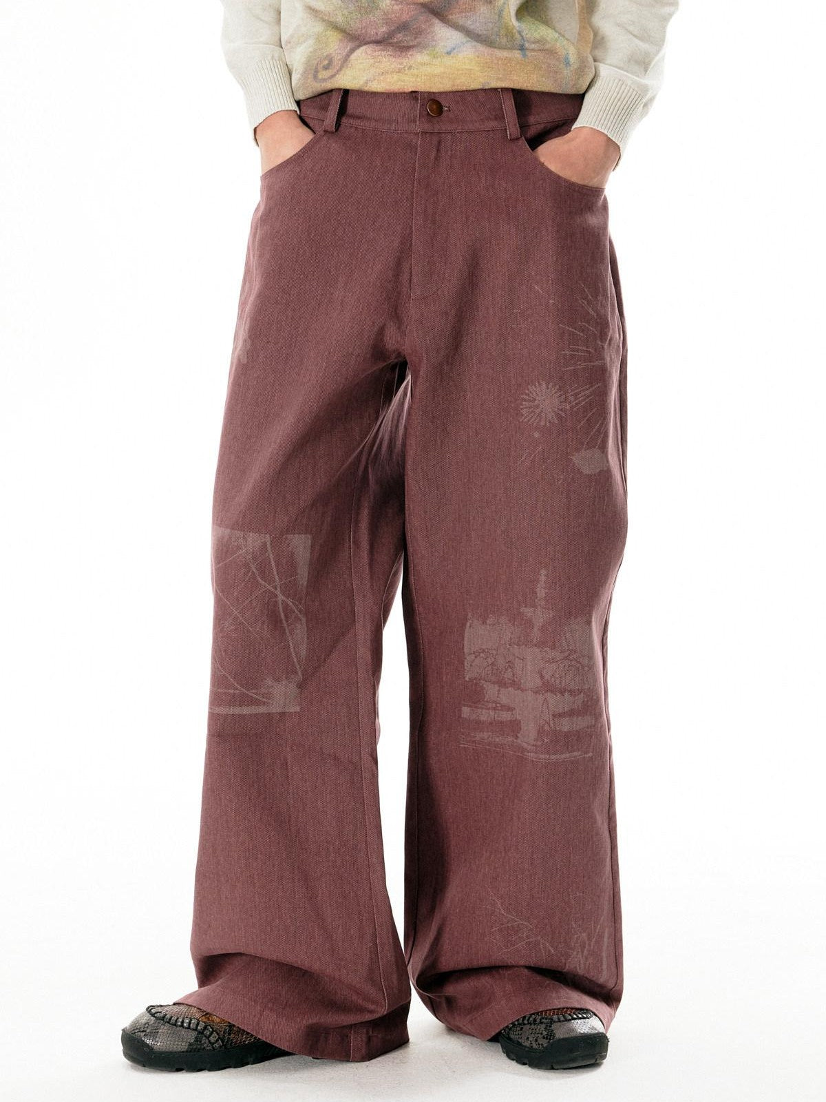 APRIORITY Dark Red Laser Burnout Floral Distressed Women's Cotton Wide-leg Pants