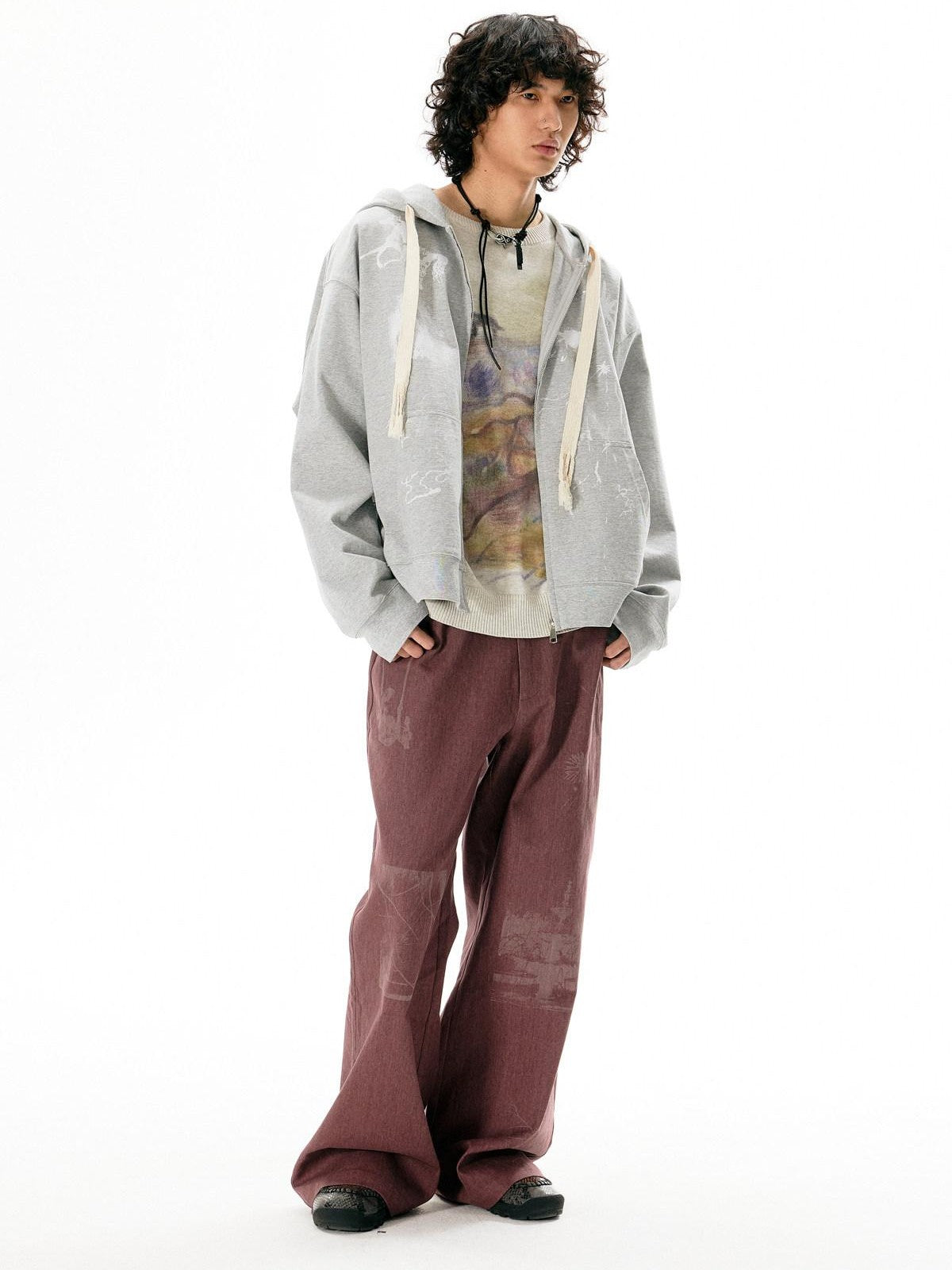 APRIORITY Dark Red Laser Burnout Floral Distressed Women's Cotton Wide-leg Pants