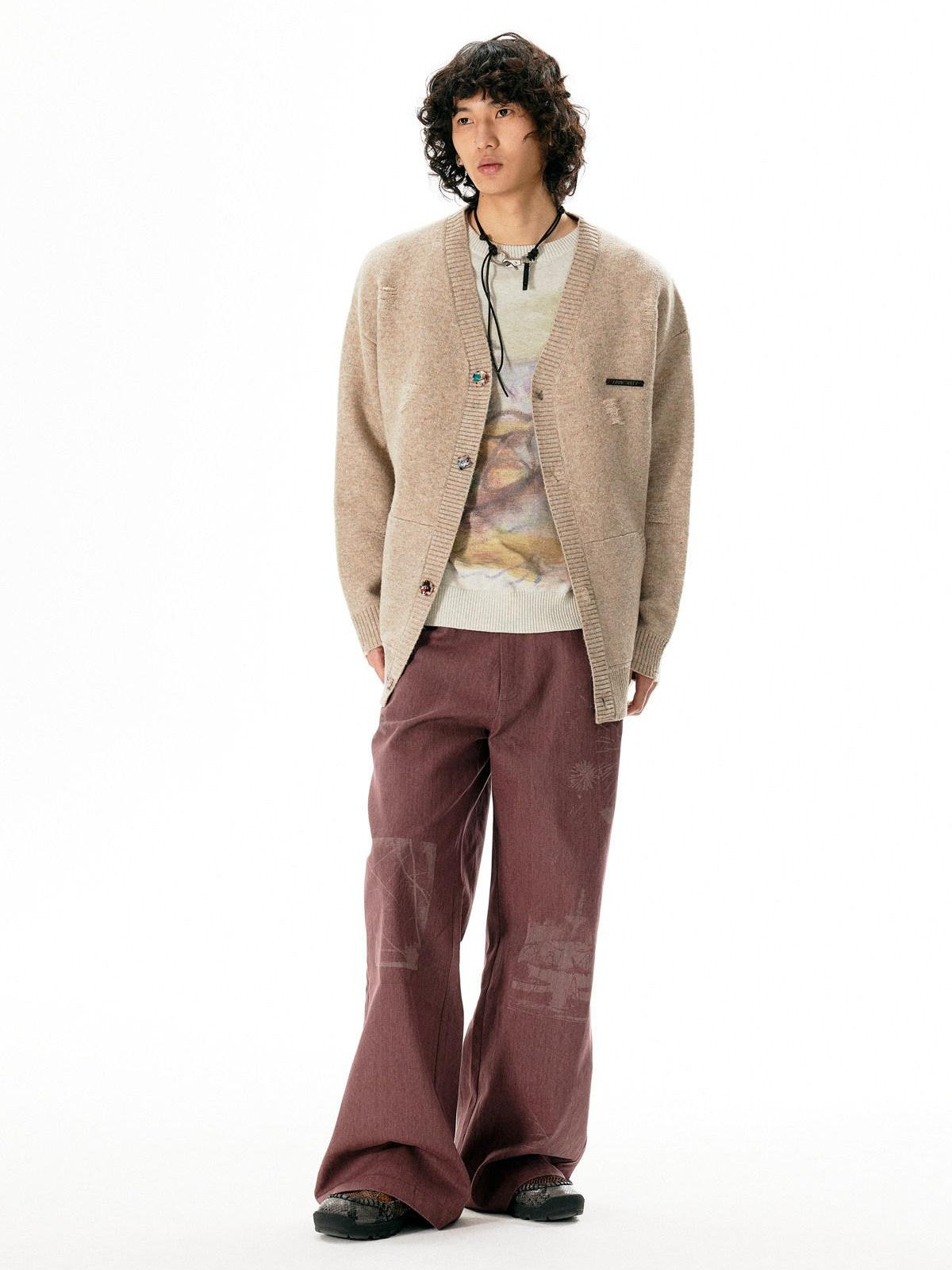 APRIORITY Dark Red Laser Burnout Floral Distressed Women's Cotton Wide-leg Pants