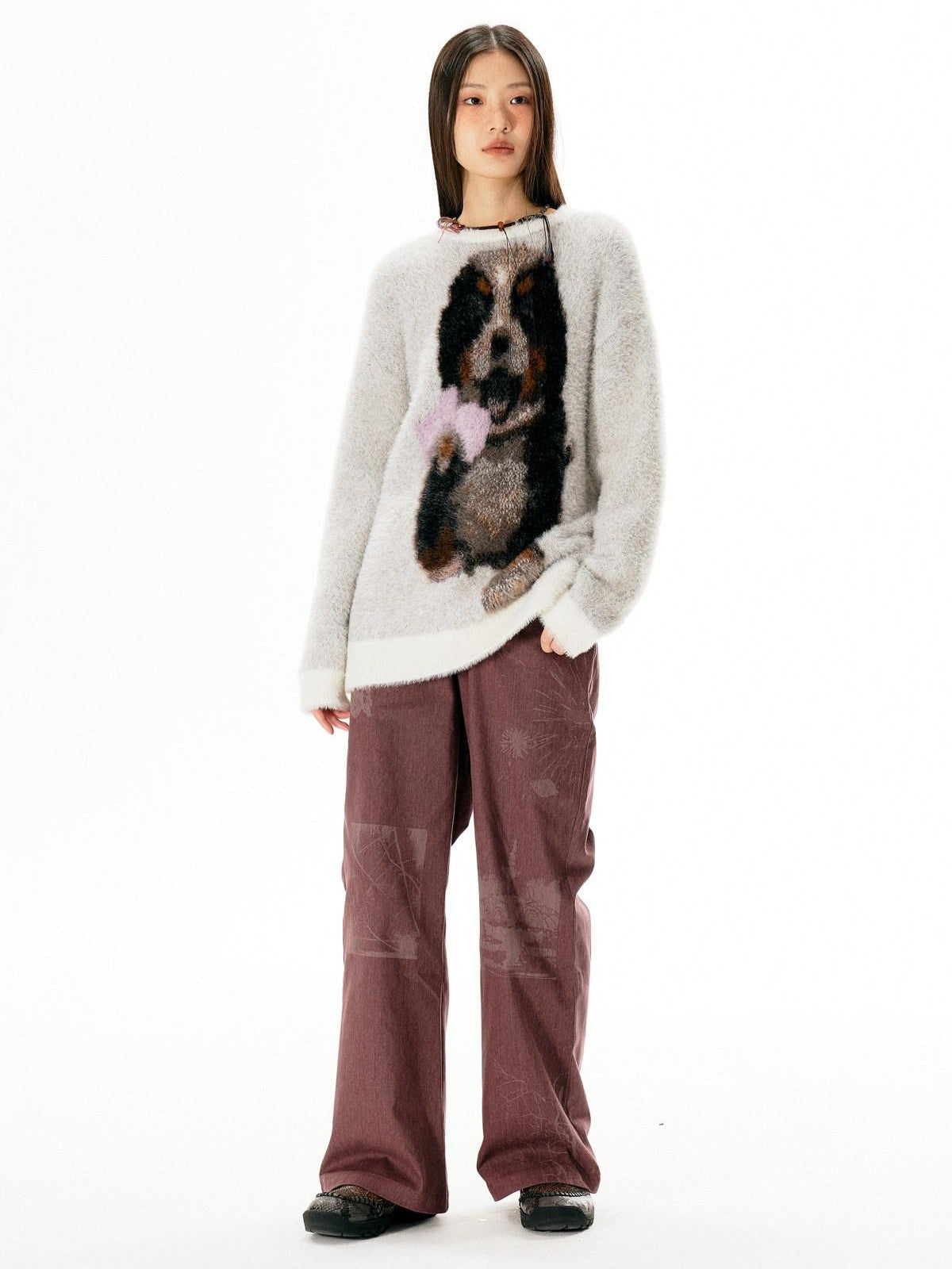 APRIORITY Dark Red Laser Burnout Floral Distressed Women's Cotton Wide-leg Pants