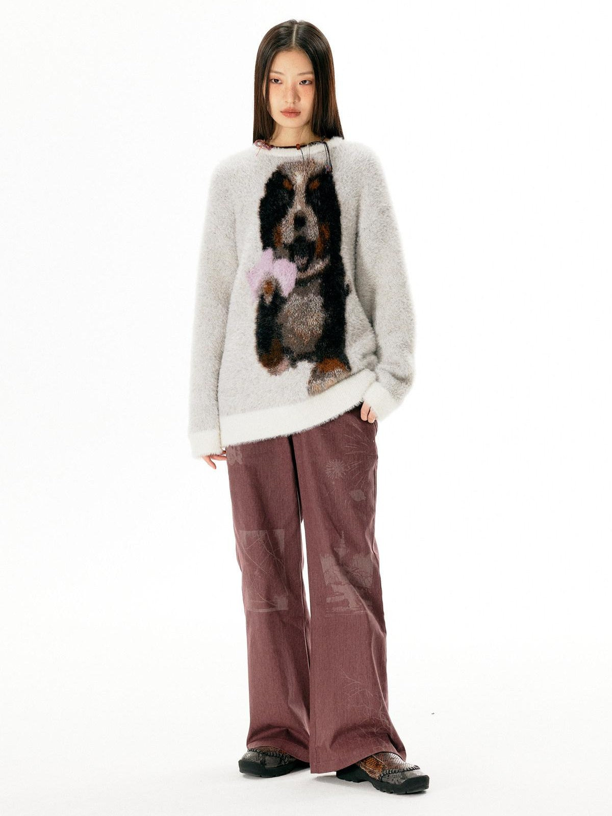 APRIORITY Dark Red Laser Burnout Floral Distressed Women's Cotton Wide-leg Pants