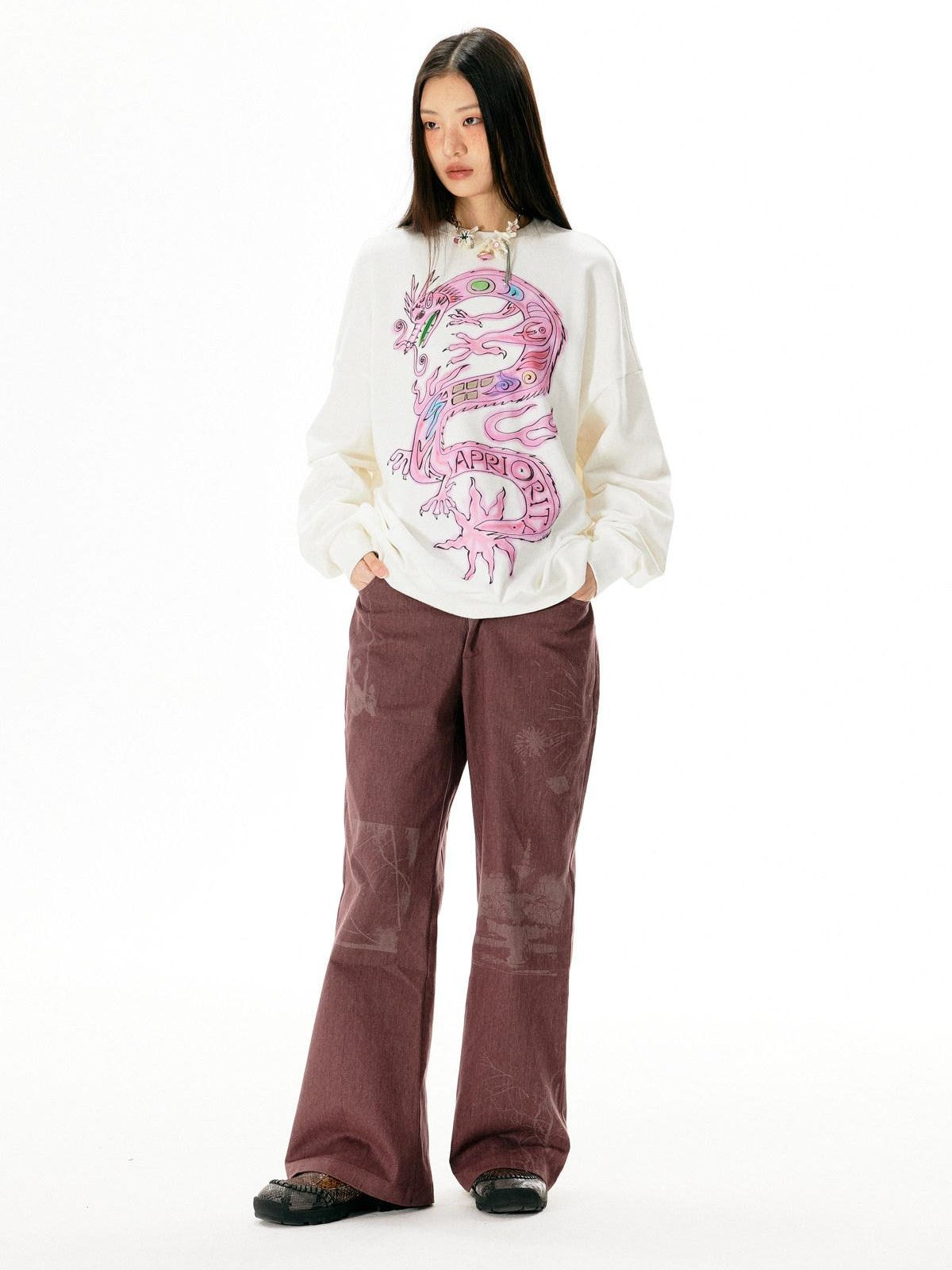 APRIORITY Dark Red Laser Burnout Floral Distressed Women's Cotton Wide-leg Pants