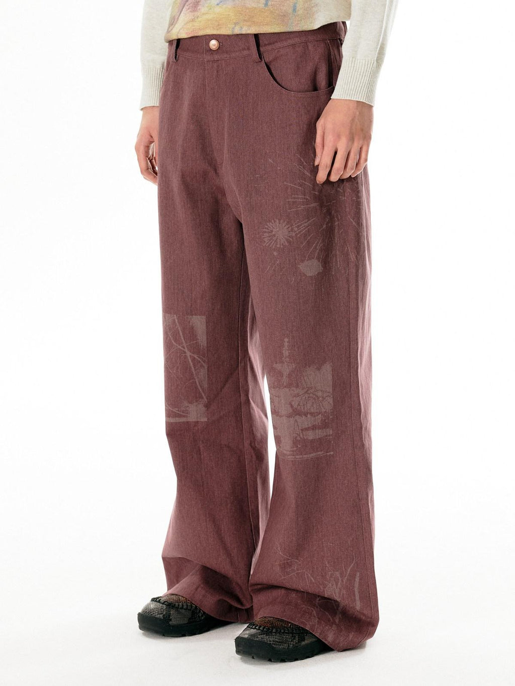 APRIORITY Dark Red Laser Burnout Floral Distressed Women's Cotton Wide-leg Pants